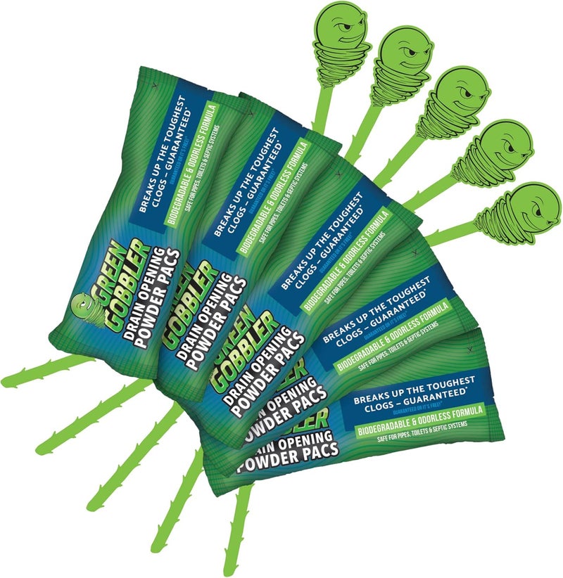 Green Gobbler Drain Opening Powder Pacs - 6.5oz, Pack of 5 with Free Hair Grabber Tools - Image 1